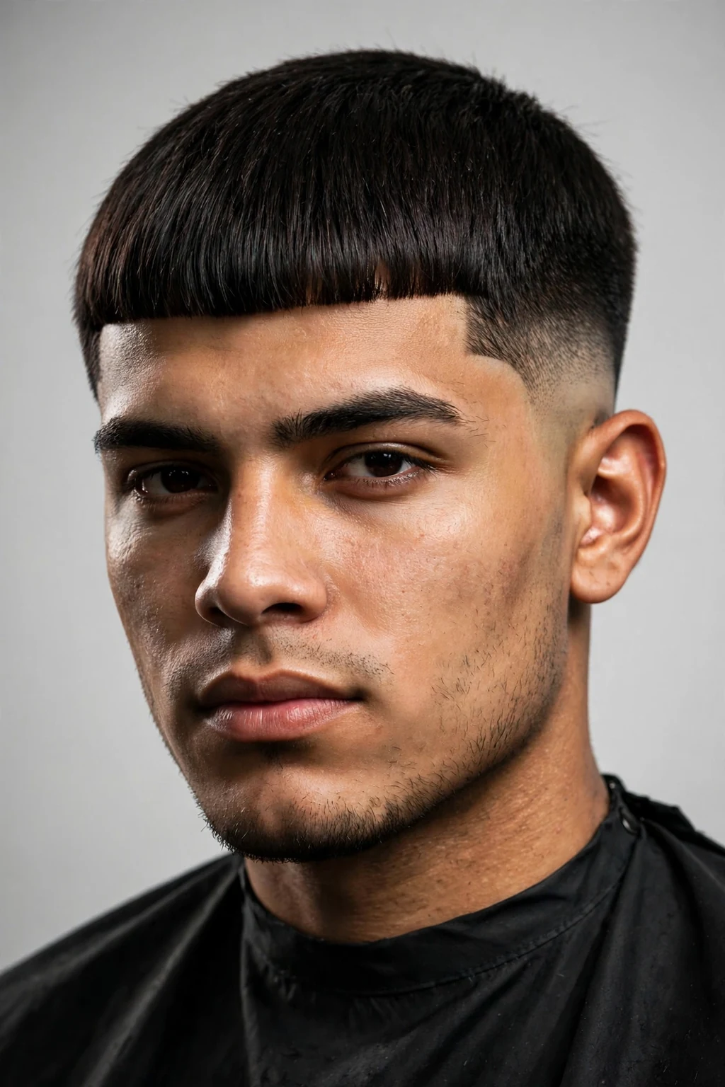 Man with Edgar cut and burst fade, rounded fade around ear, dynamic lighting.