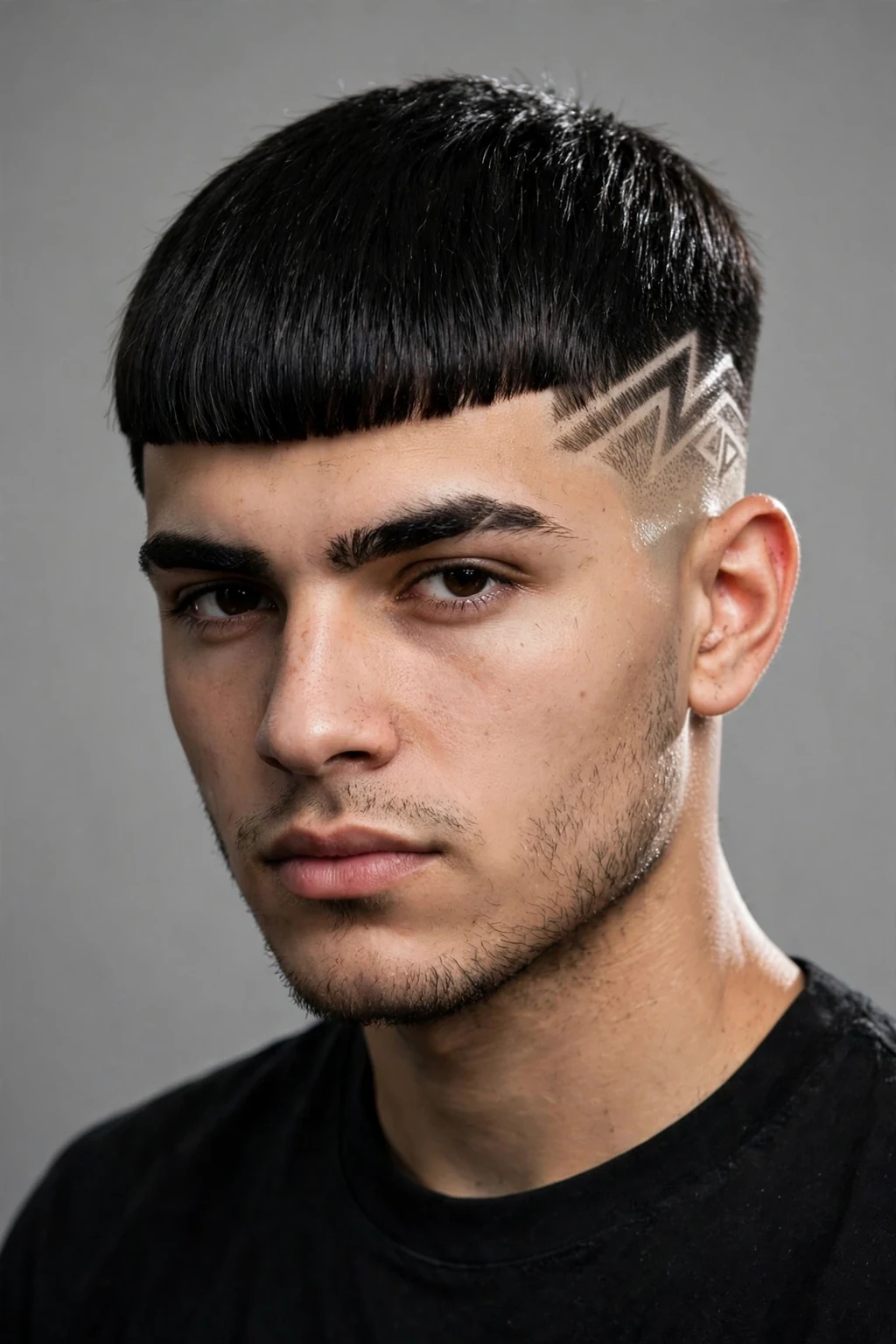 Man with Edgar cut featuring shaved design lines, artistic fade art, creative lighting.