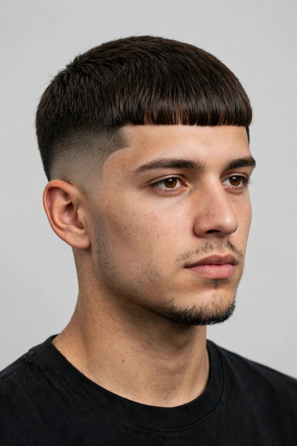 Man with Edgar cut and drop fade, curved fade contour, modern barbershop light.