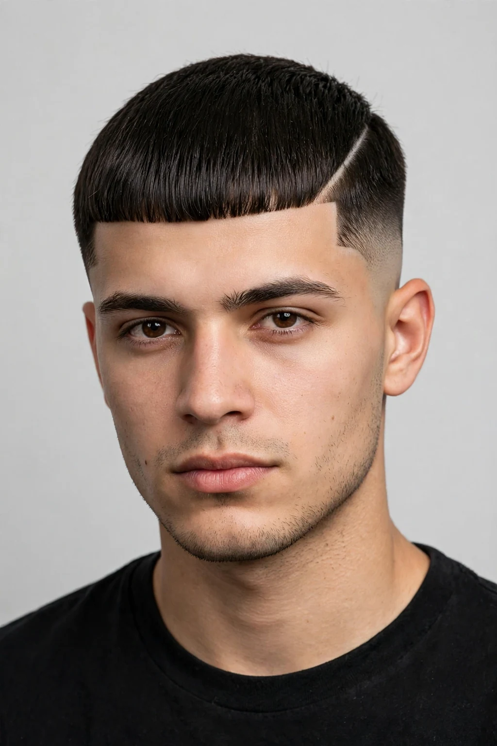 Man with Edgar cut and hard part, razor-sharp part line, precise lighting.