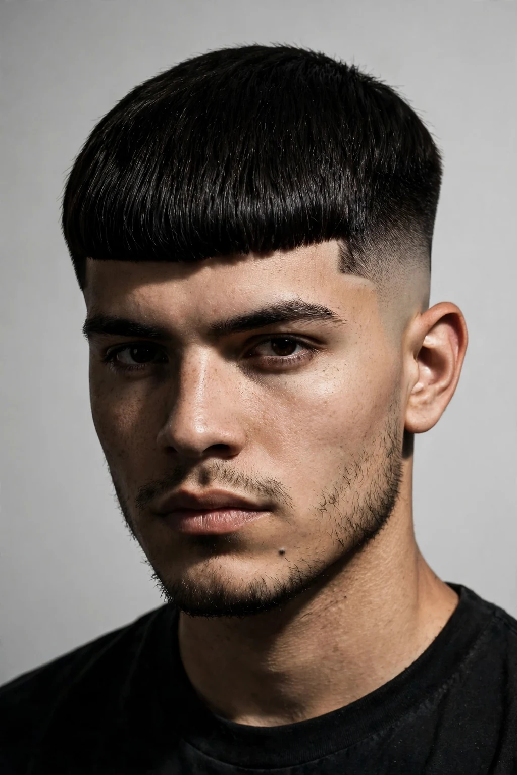 Man with Edgar cut and high fade, dramatic high contrast fade, bold lighting.