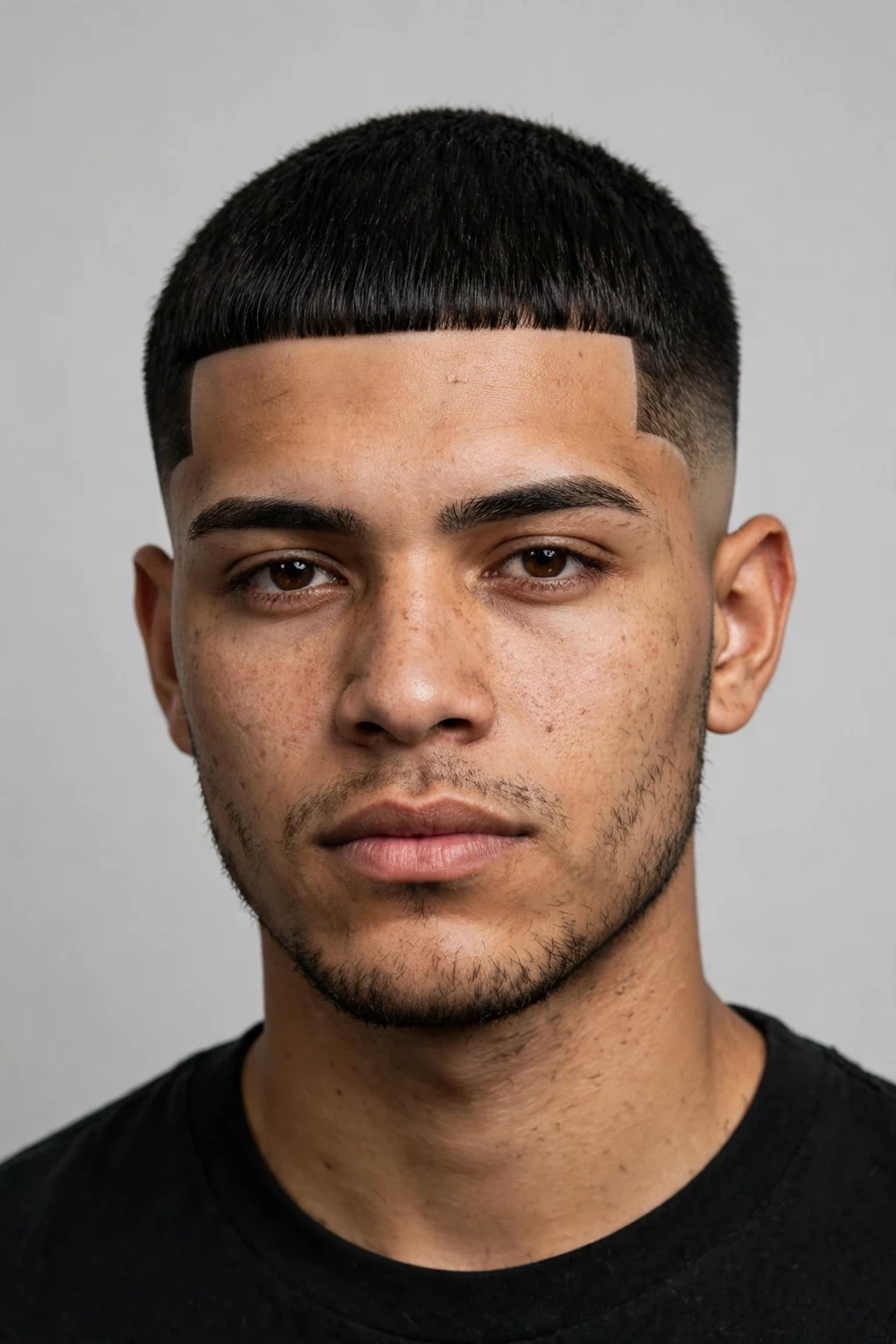 Man with Edgar cut and sharp lineup, crisp hairline edges, precise photo.