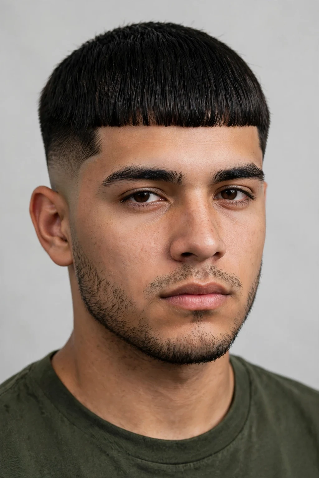 Man with Edgar cut and low fade, subtle fade with blunt fringe, soft studio light.