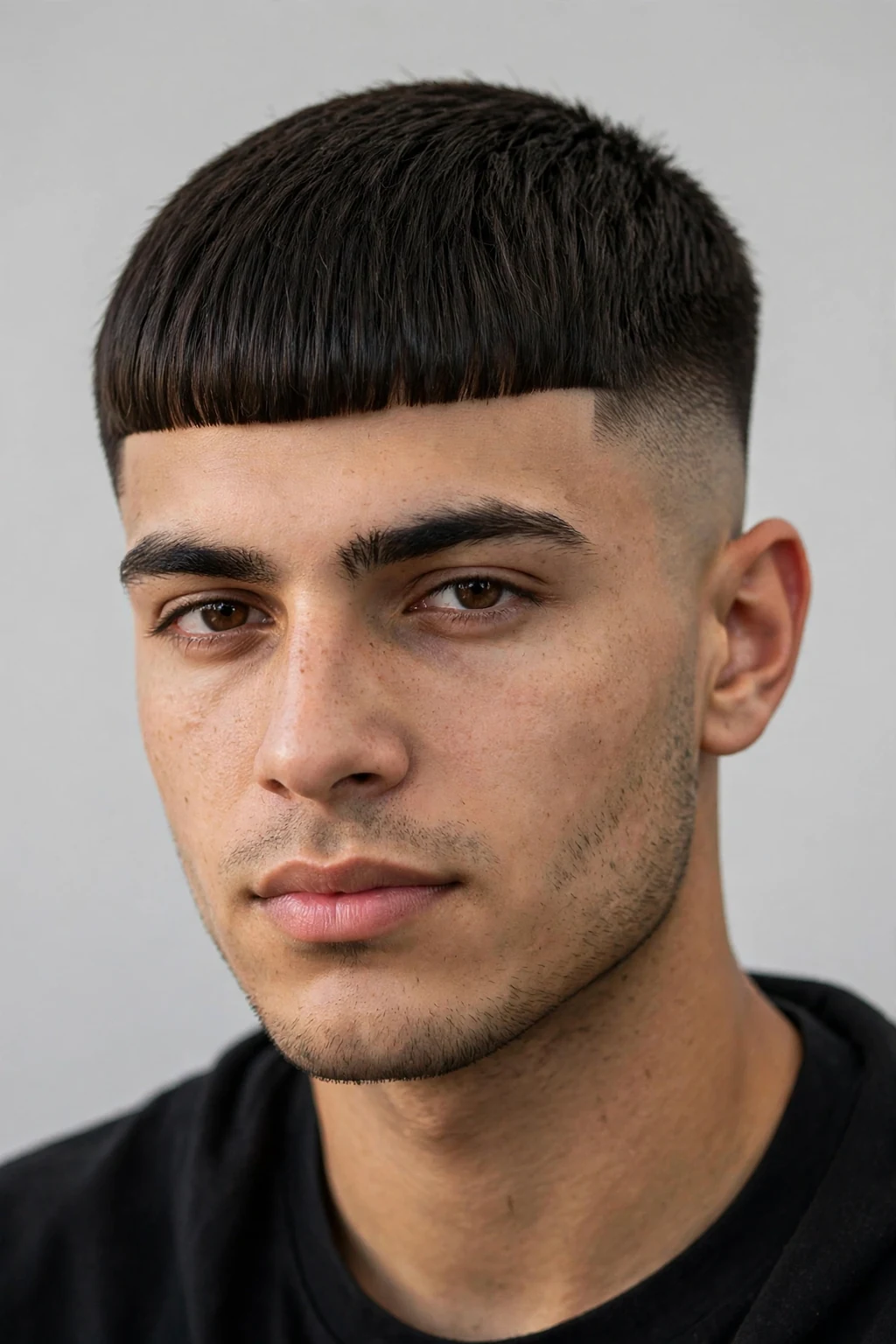 Man with Edgar cut and mid fade, balanced fade with sharp fringe, barbershop photo.