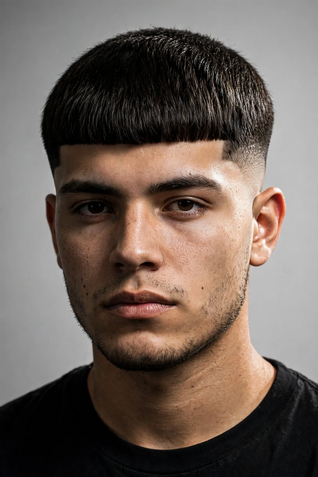 Man with Edgar cut and skin fade, bald fade with sharp top, high-contrast light.