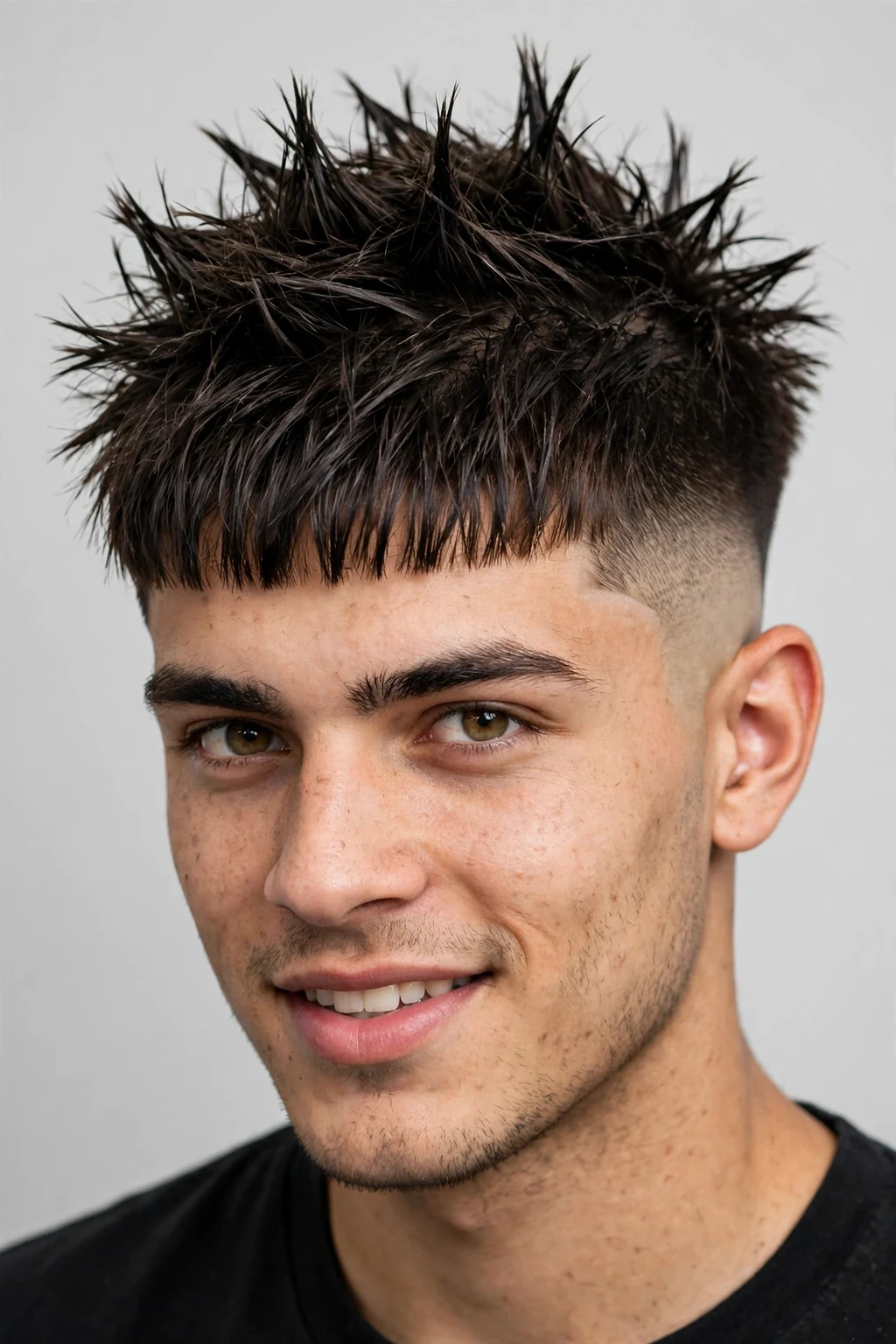 Man with Edgar cut and spiky top, textured spikes with fringe line, energetic light.