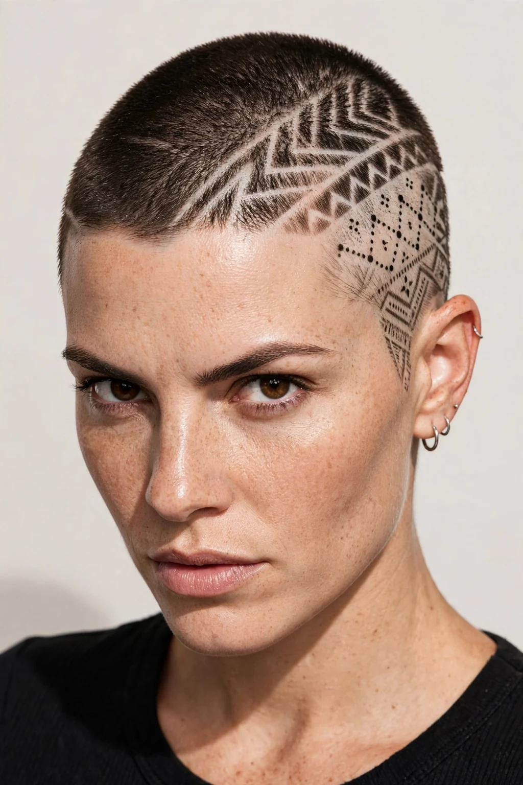 Woman with edgy buzz cut and designs, multiple shaved patterns, fierce light.