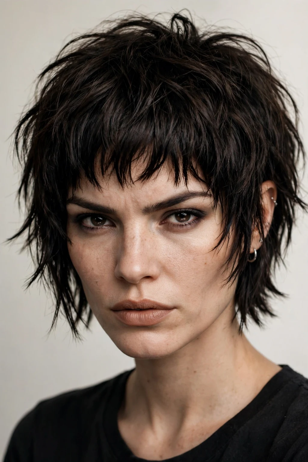 Woman with edgy choppy bob, bold disconnected layers with attitude, fierce lighting.