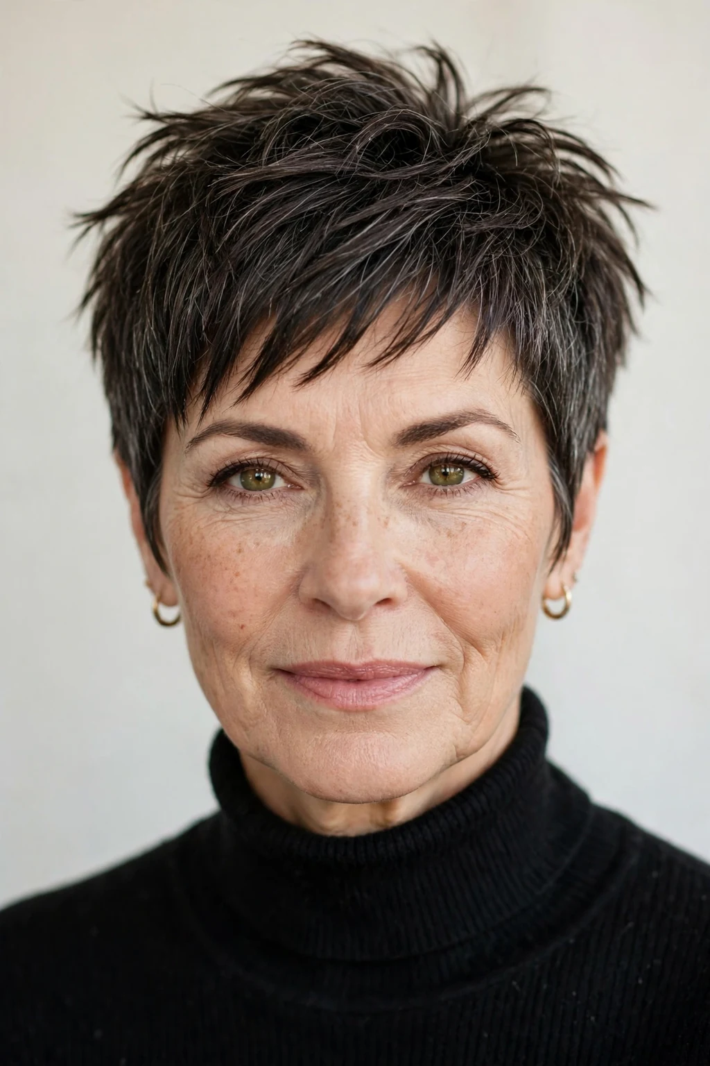 Elegant woman over 50 with edgy pixie, bold textured cut, confident light.