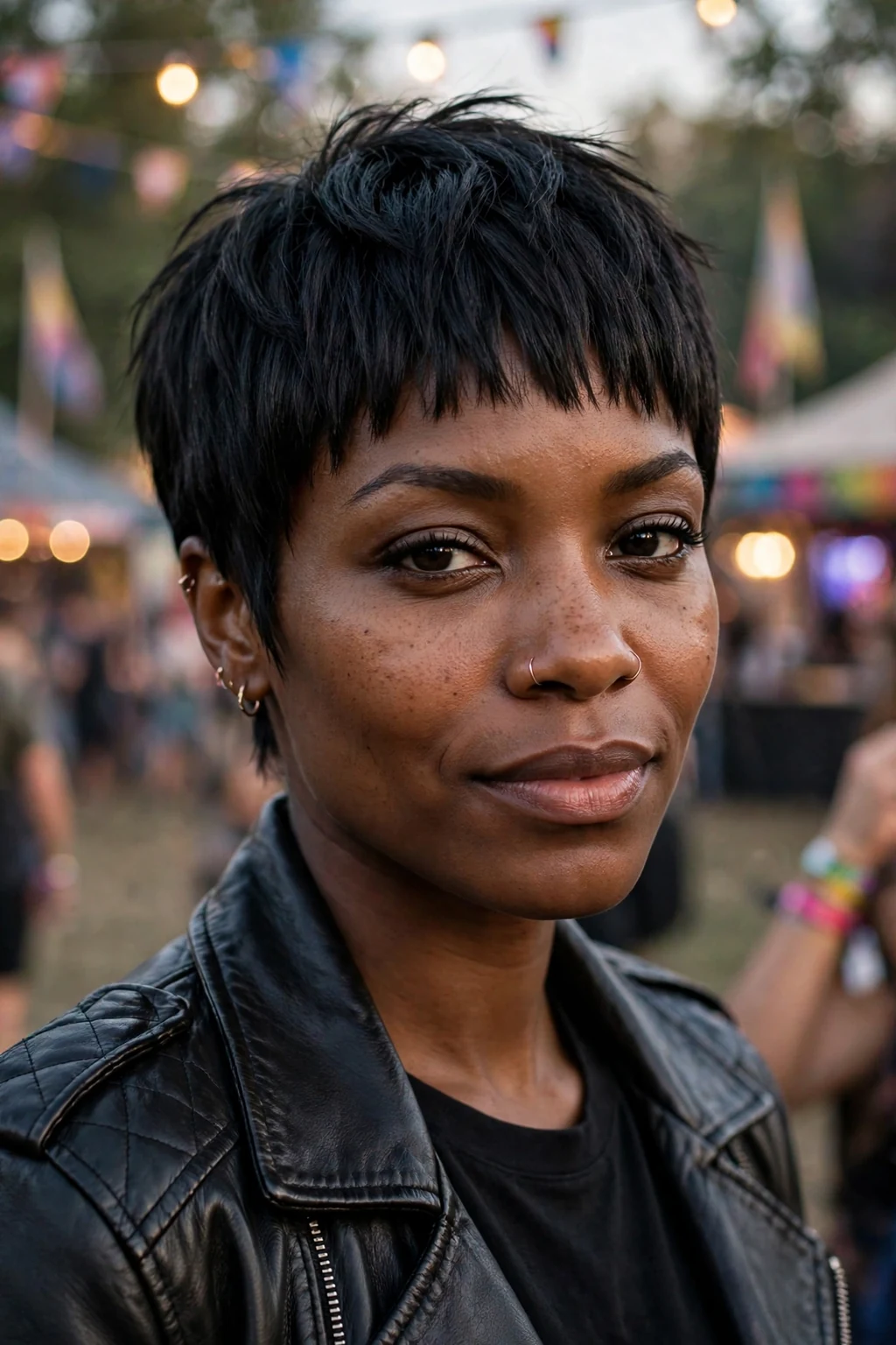Beautiful woman with edgy pixie bangs, bold edgy pixie bangs, cool light.