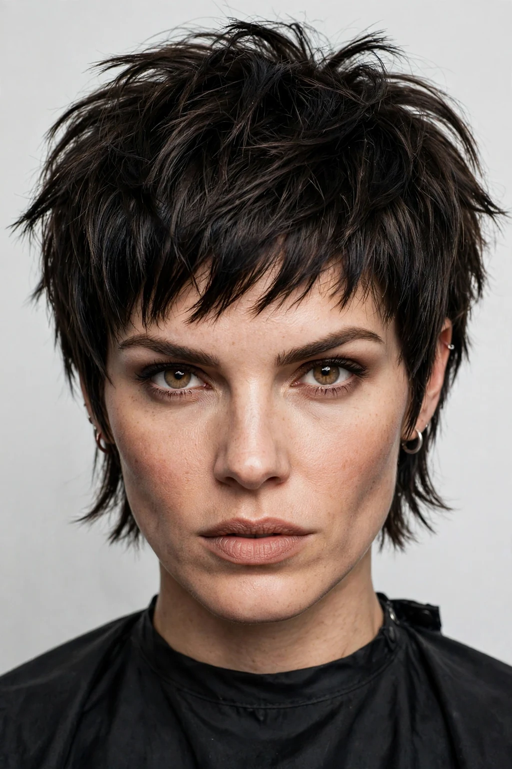 Woman with edgy pixie bob, bold disconnected texture, fierce attitude lighting.