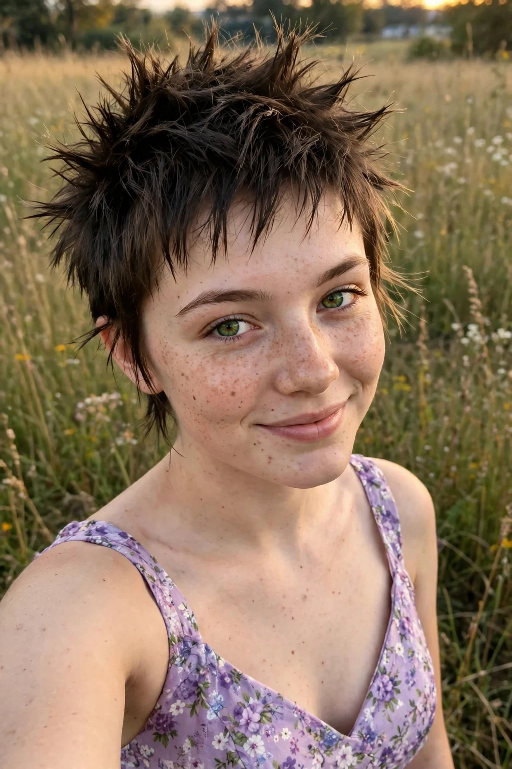 Young woman aged 18 to 20 with edgy spiky pixie hairstyle for prom, a meadow field at golden hour.