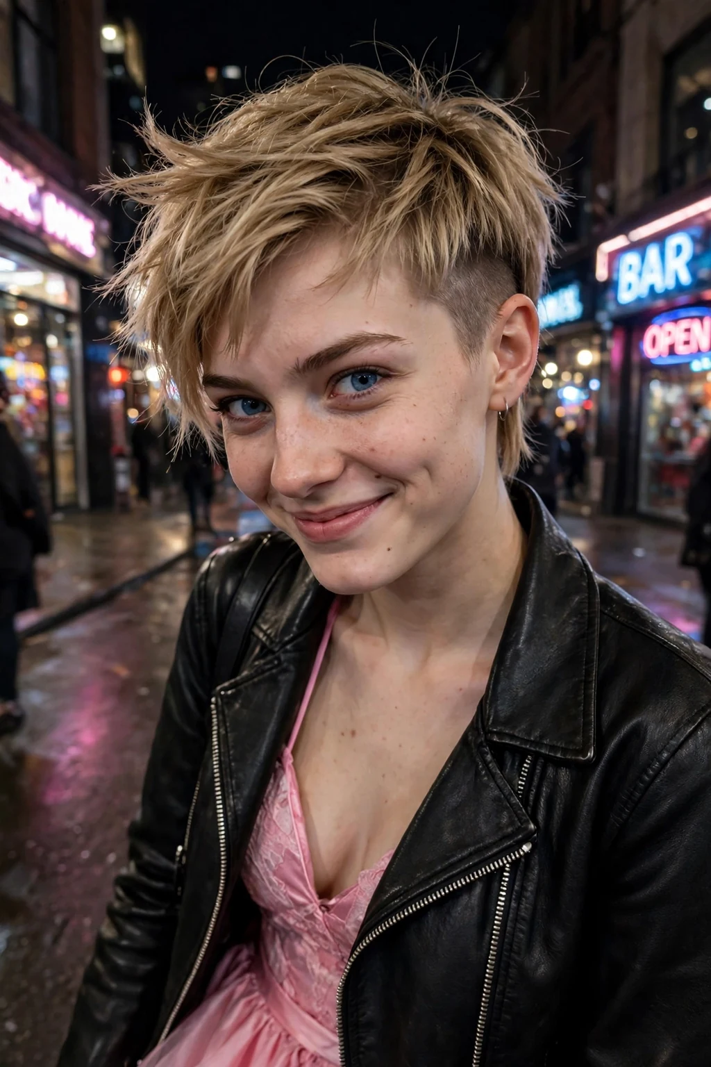 Young woman aged 18 to 20 with edgy undercut pixie hairstyle for prom, a city street with neon signs at night.