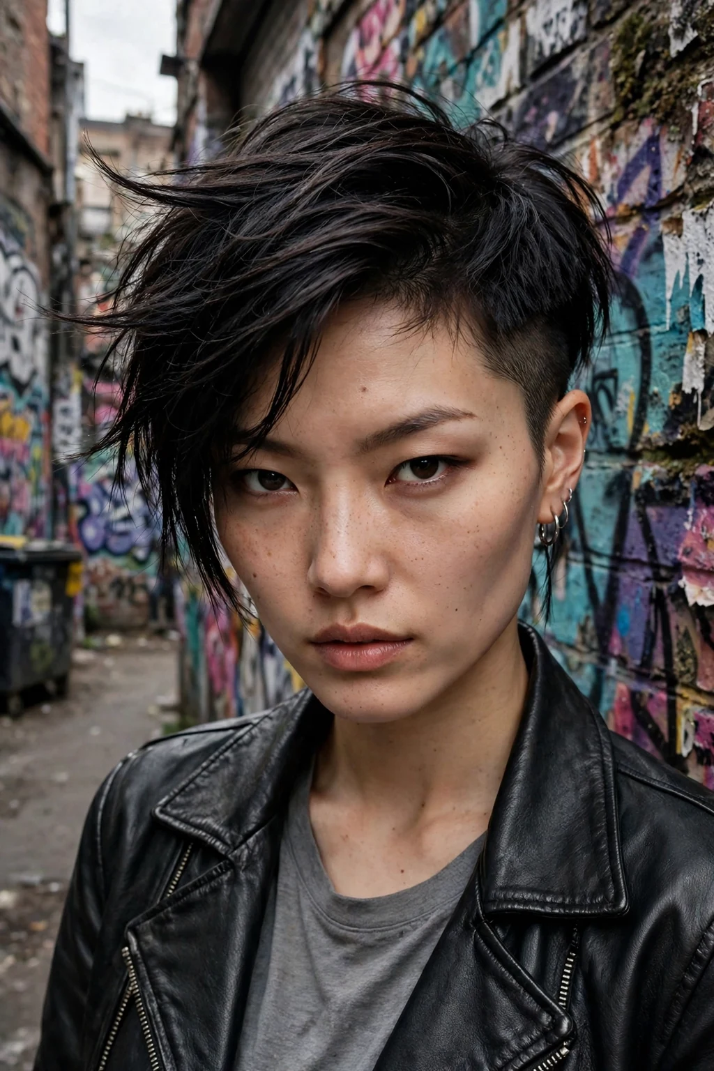 A young woman with an edgy undercut pixie, one closely shaved side and longer textured hair swept across the top.