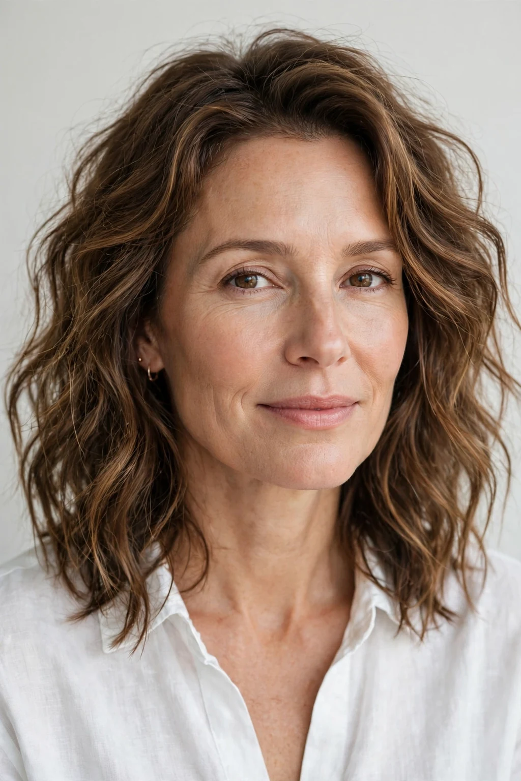 Woman over 40 with effortless air-dried waves, natural texture, fresh relaxed light.