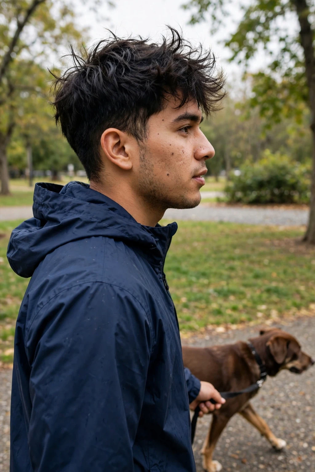 Young man with effortless bedhead texture for thick hair, walking a dog in a park in a navy rain jacket.
