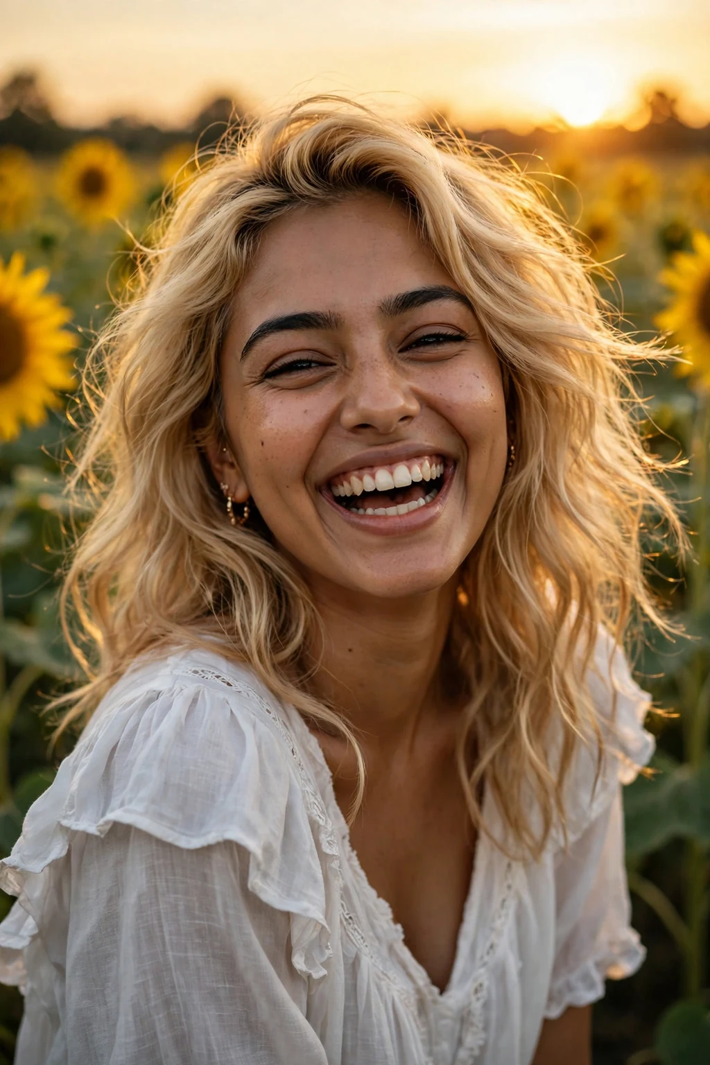 Beautiful woman with effortless sunlit blonde, carefree sunlit blonde, radiant light.