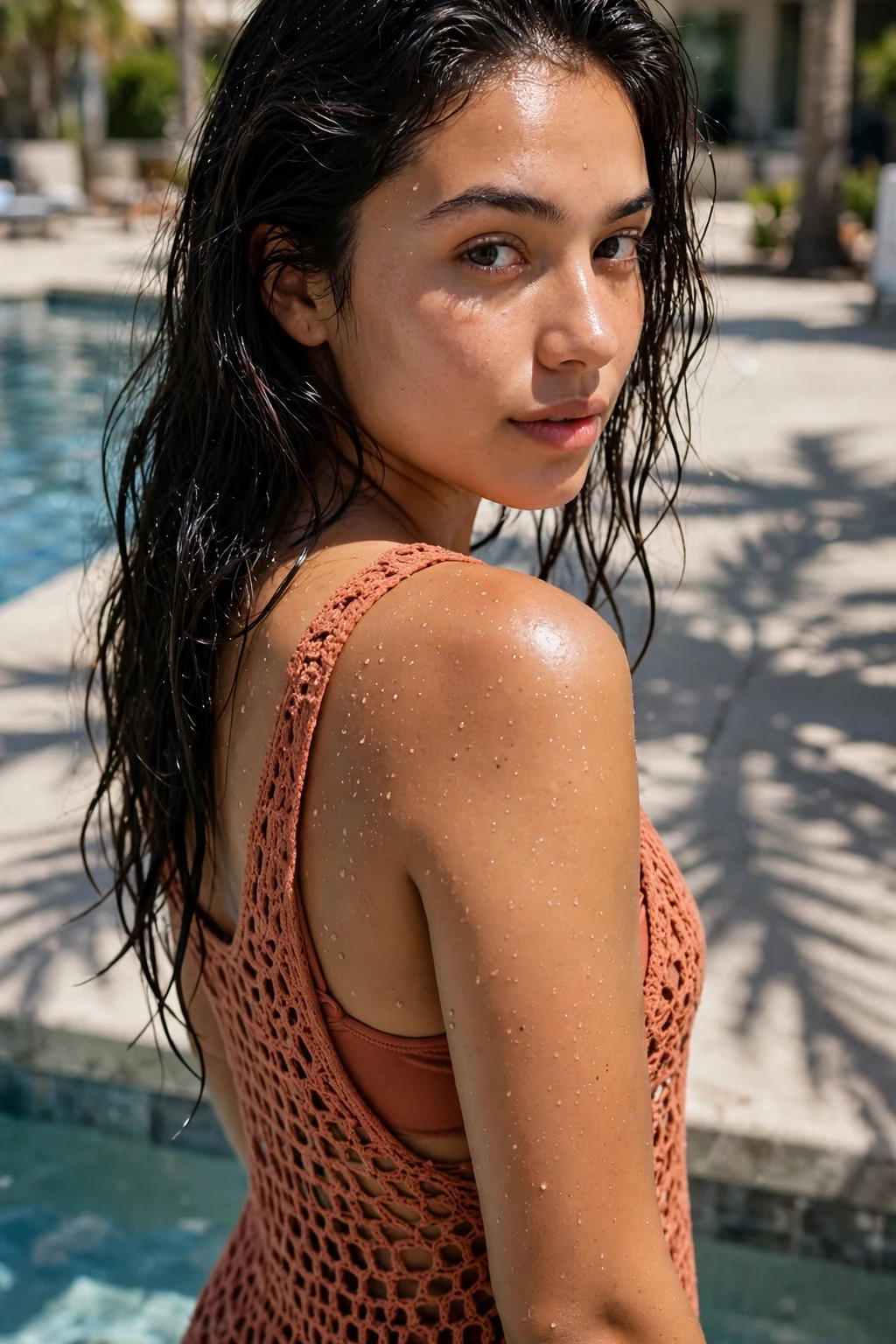 A young woman with effortless wet-look waves and dewy skin, by a swimming pool in a terracotta swimsuit cover-up.