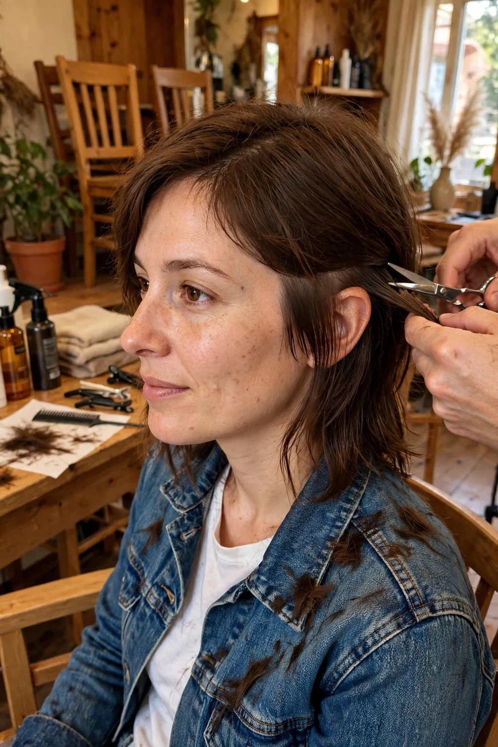 A young woman having her hair trimmed by a stylist in a warm neighborhood salon.