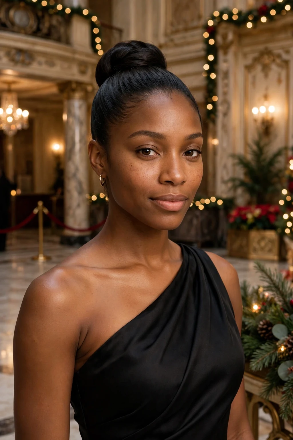 A young woman with an elegant ballerina bun at a formal party, wearing a black one-shoulder gown.