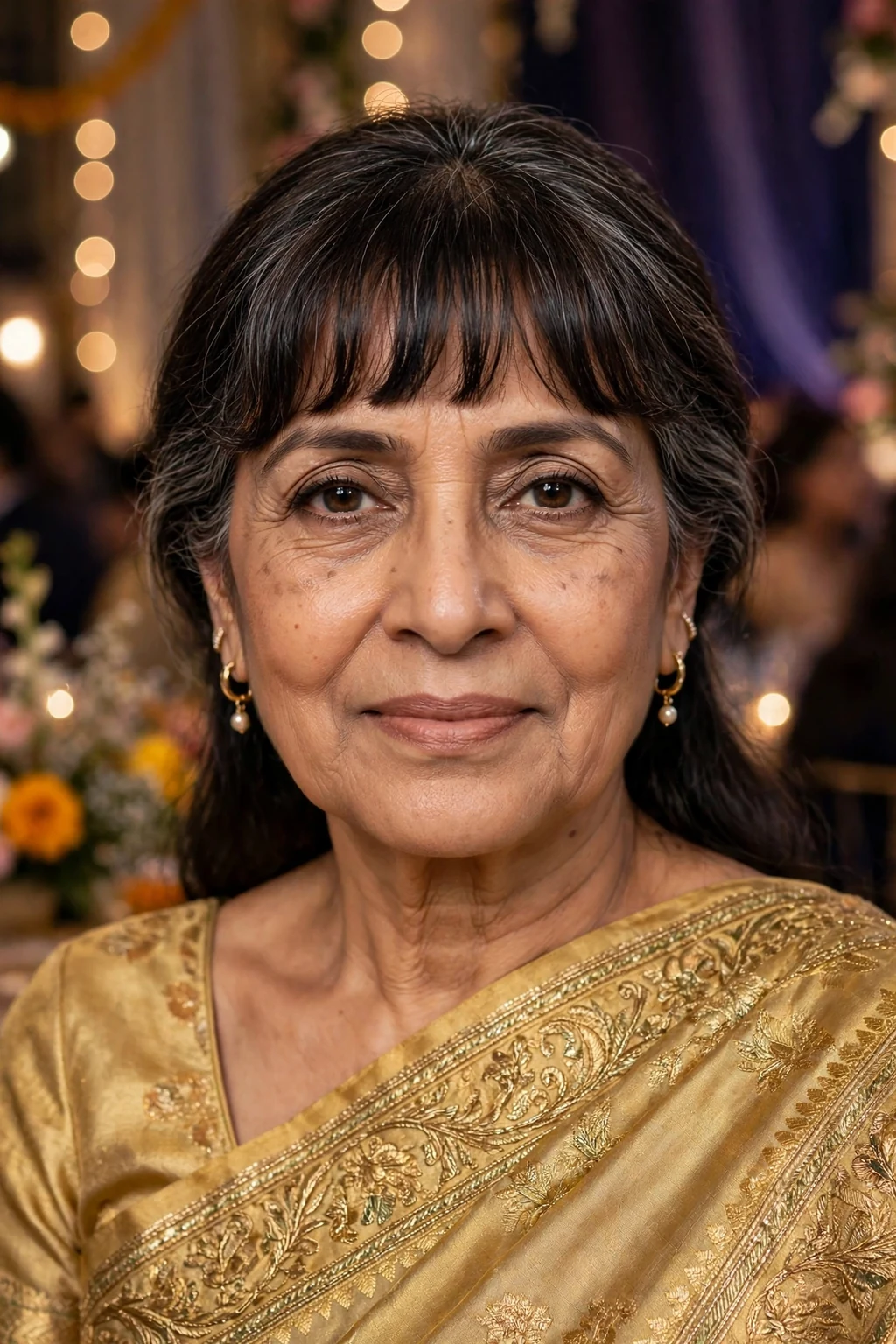 Beautiful older woman with elegant bangs, sophisticated elegant bangs, refined light.