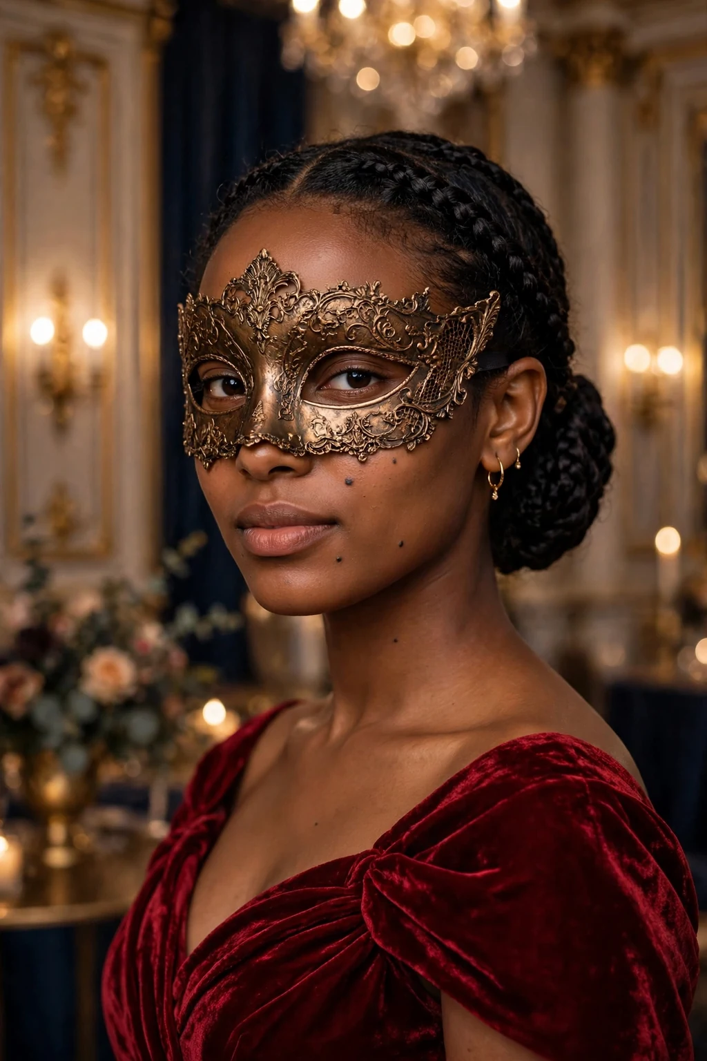 Young woman with an elegant braided low bun and a masquerade mask.