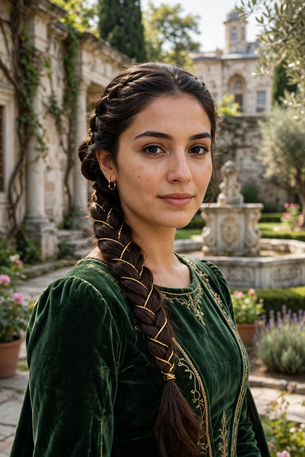 Young woman with an elegant braided low ponytail with gold thread, wearing a forest green velvet gown.
