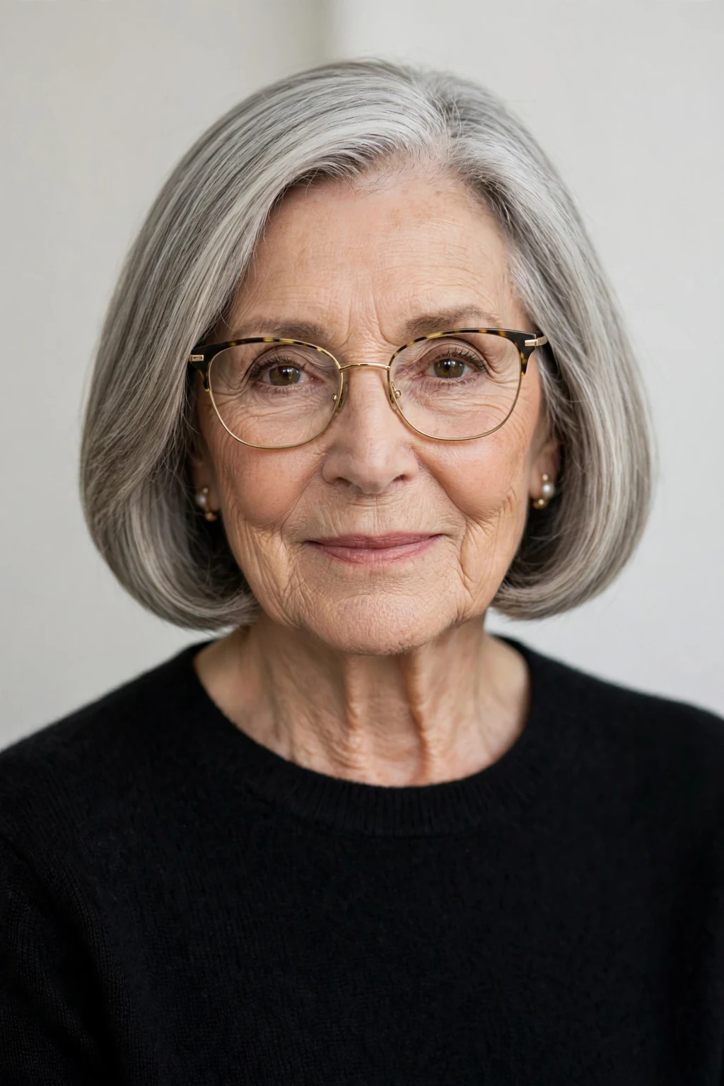 Elegant woman over 70 with glasses and elegant chin-length bob, refined neat cut, sophisticated light.