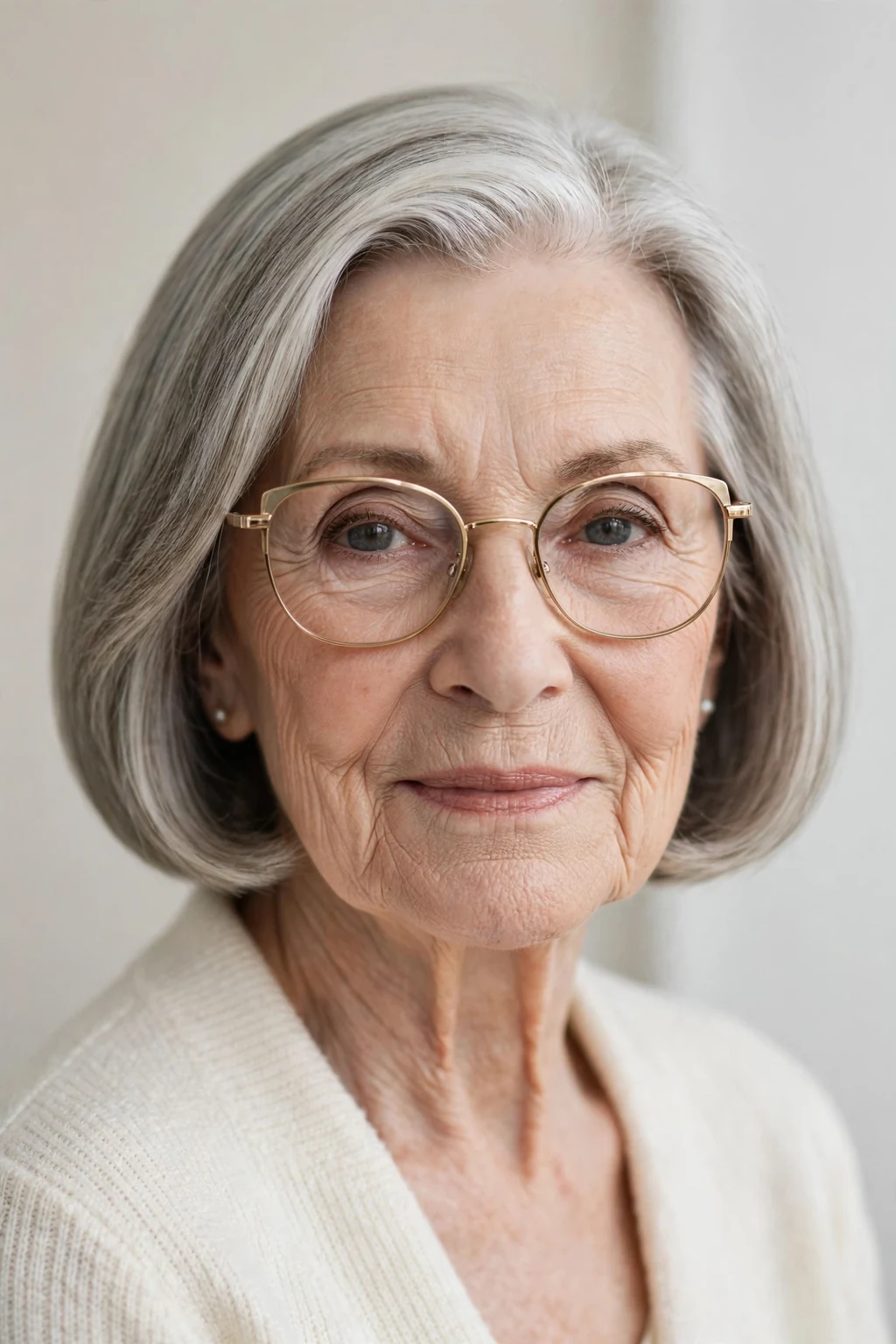 Elegant woman over 80 with glasses and elegant chin-length bob, refined neat cut, sophisticated light.
