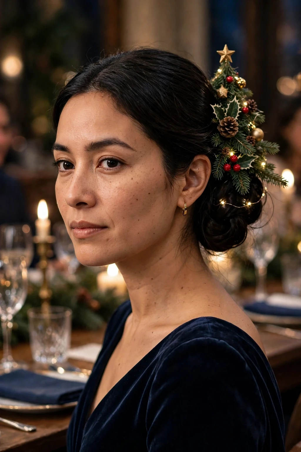 Young woman with elegant christmas tree chignon hairstyle, festive holiday look.