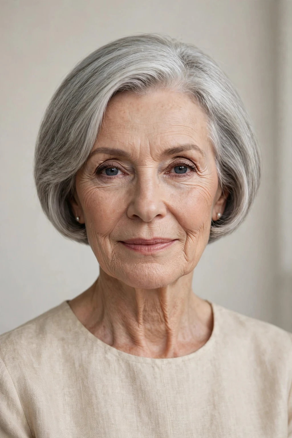 Elegant woman over 70 with elegant cropped bob, refined short shape, sophisticated light.