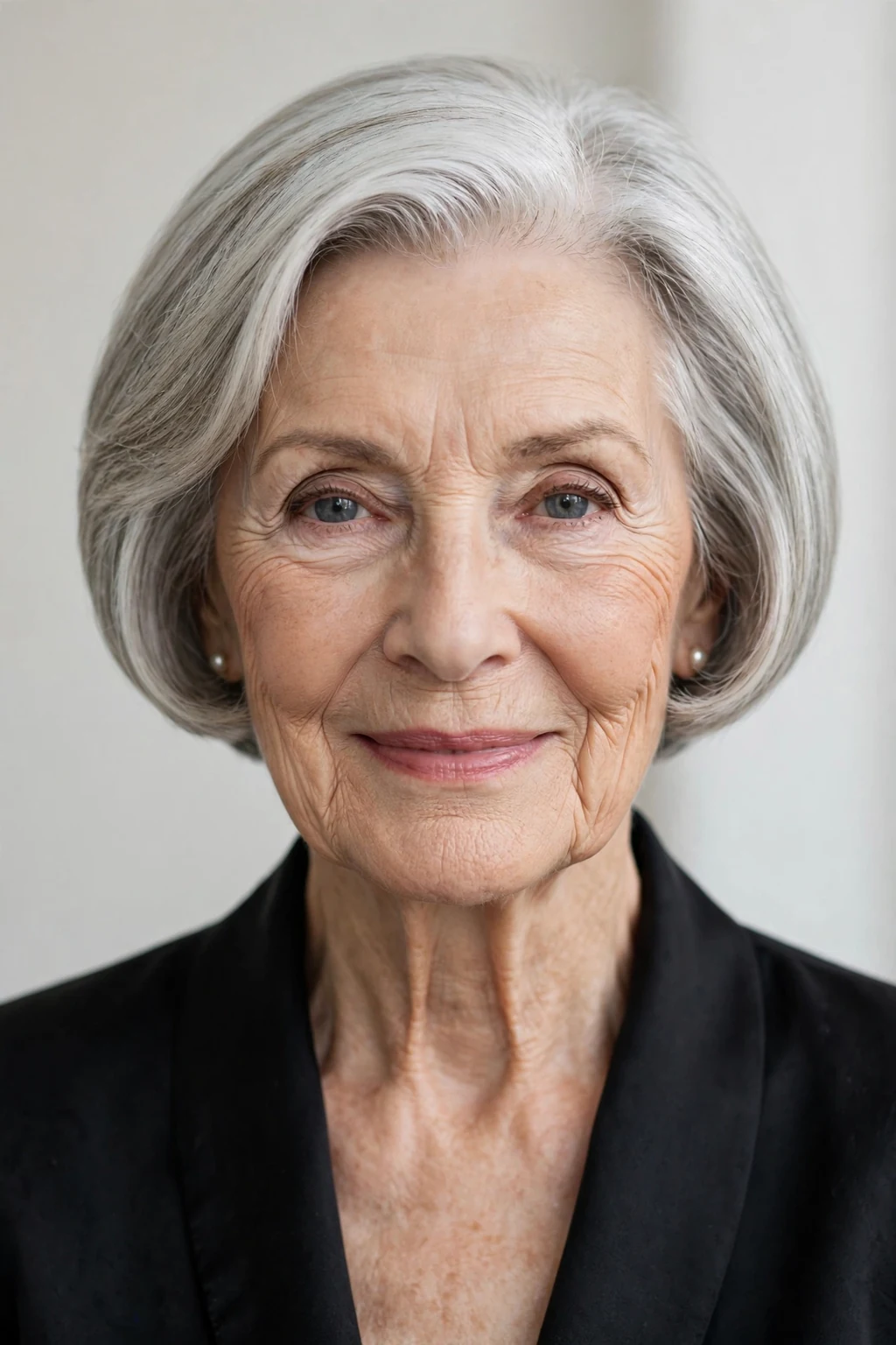 Elegant woman over 80 with elegant cropped bob, refined short shape, sophisticated light.