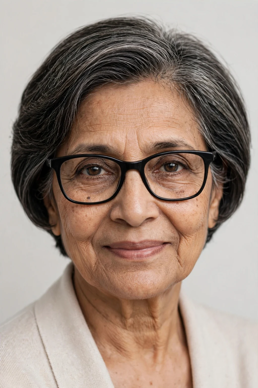 Elegant woman over 50 with fine hair and glasses and elegant cropped bob, refined short shape, sophisticated light.
