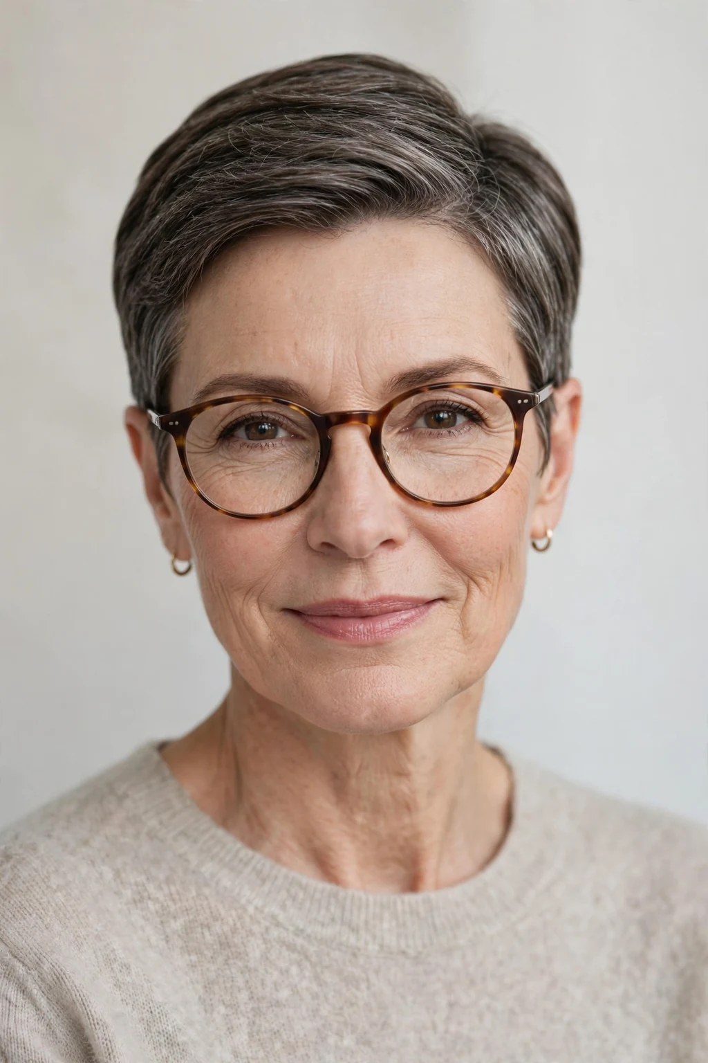 Elegant woman over 50 with glasses and elegant cropped cut, refined short shape, sophisticated light.