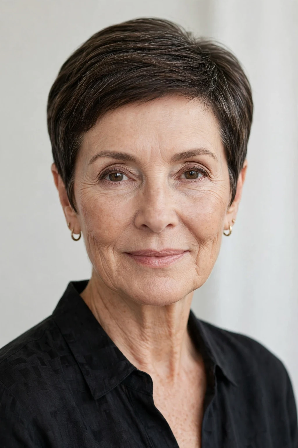 Elegant woman over 50 with elegant cropped cut, refined short shape, sophisticated light.