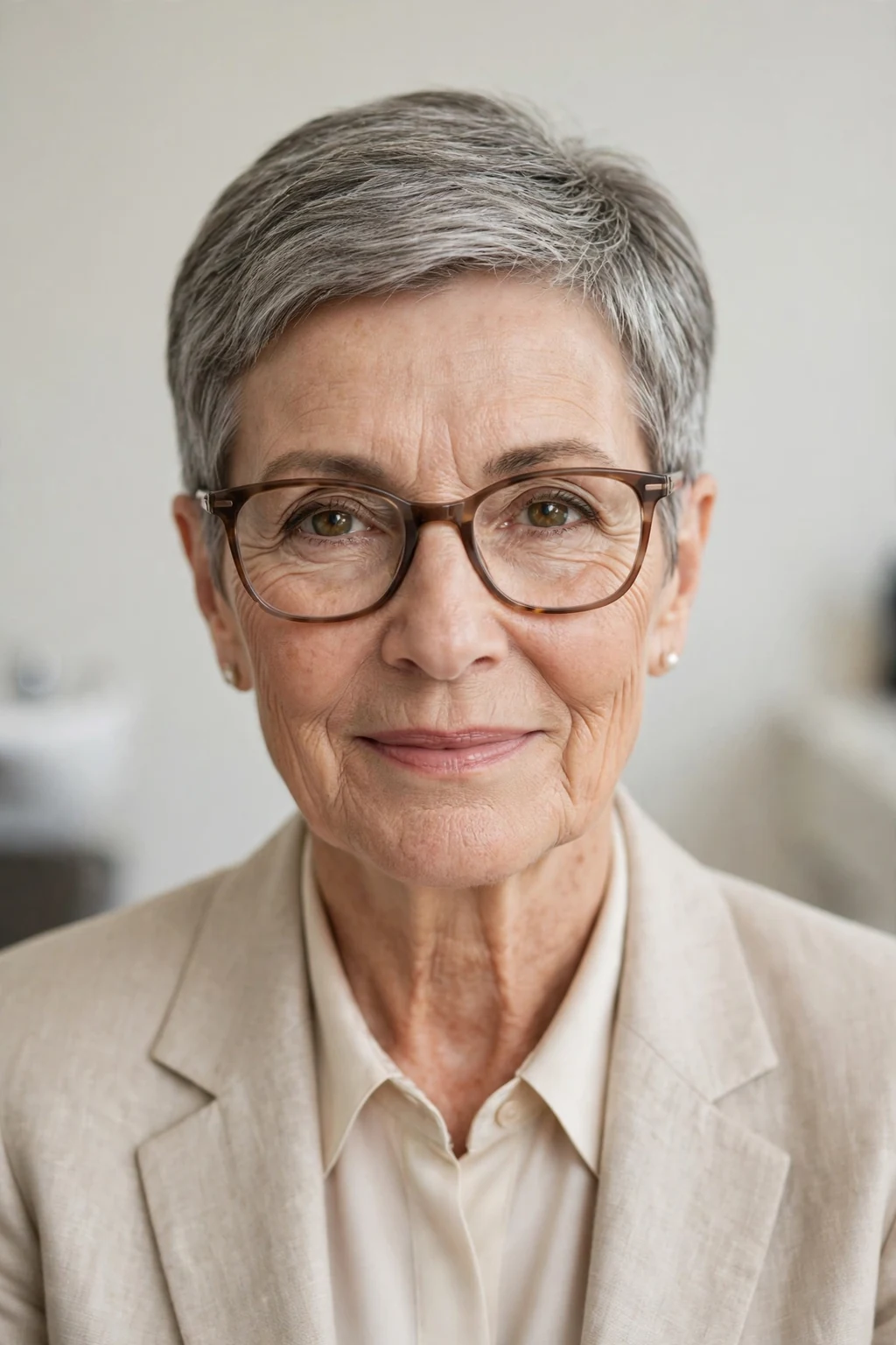 Elegant woman over 60 with glasses and elegant cropped cut, refined short shape, sophisticated light.