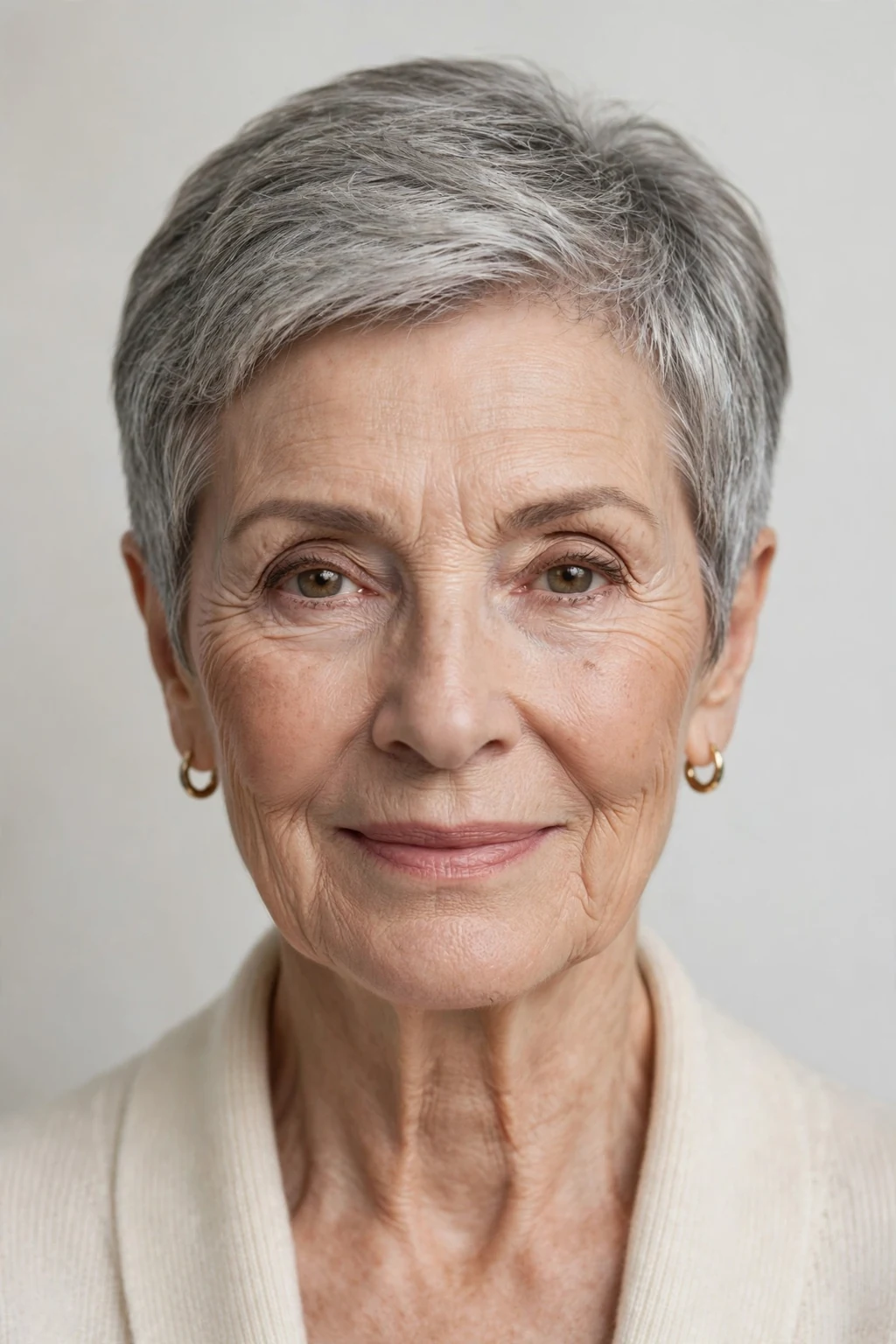 Elegant woman over 70 with elegant cropped cut, refined short shape, sophisticated light.