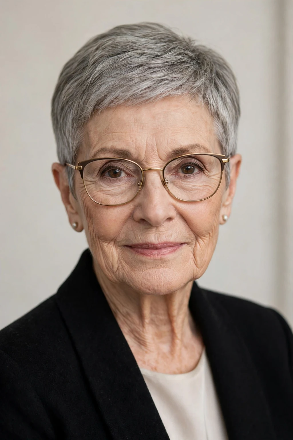 Elegant woman over 70 with glasses and elegant cropped cut, refined short shape, sophisticated light.