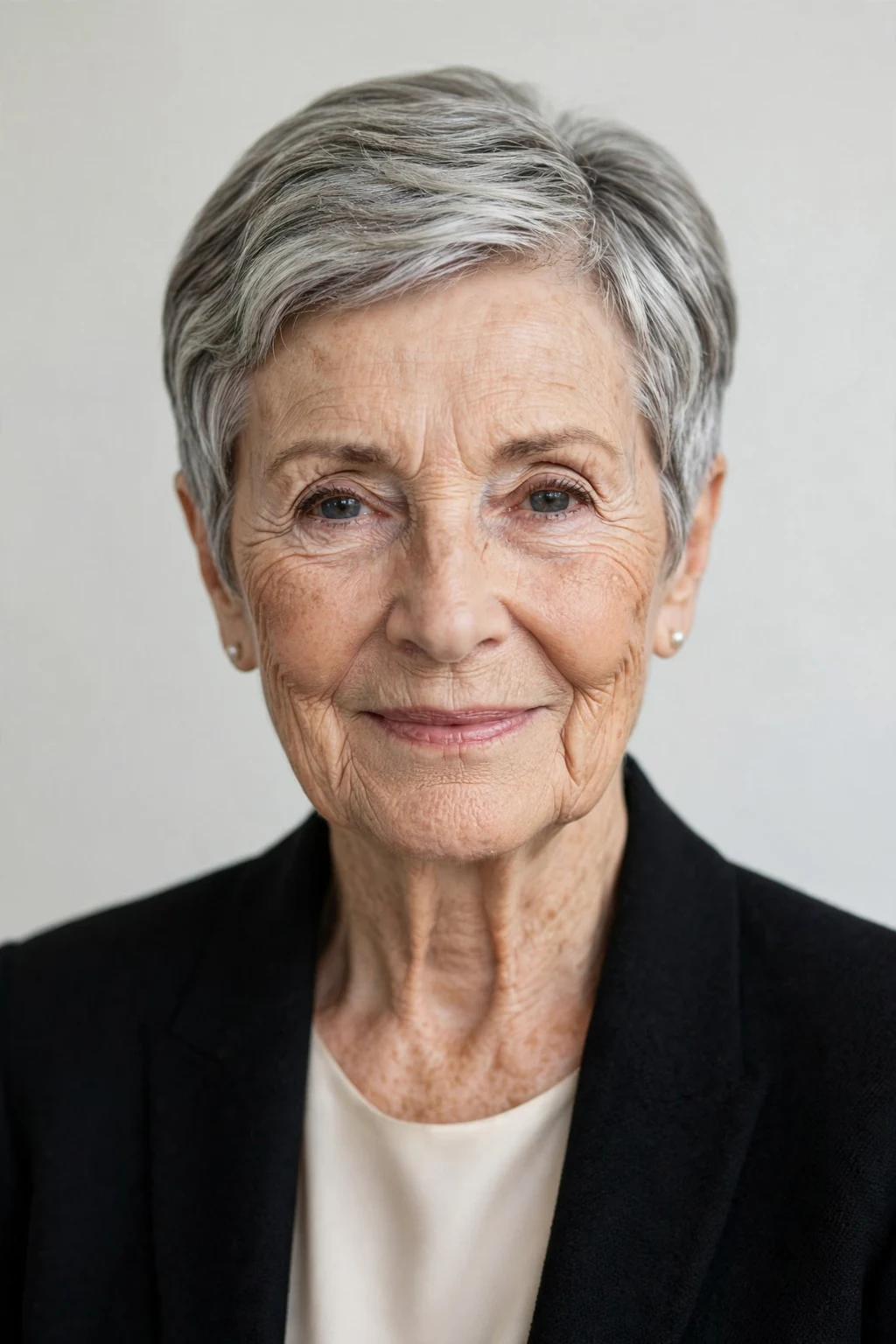 Elegant woman over 70 with elegant cropped cut, refined short shape, sophisticated light.