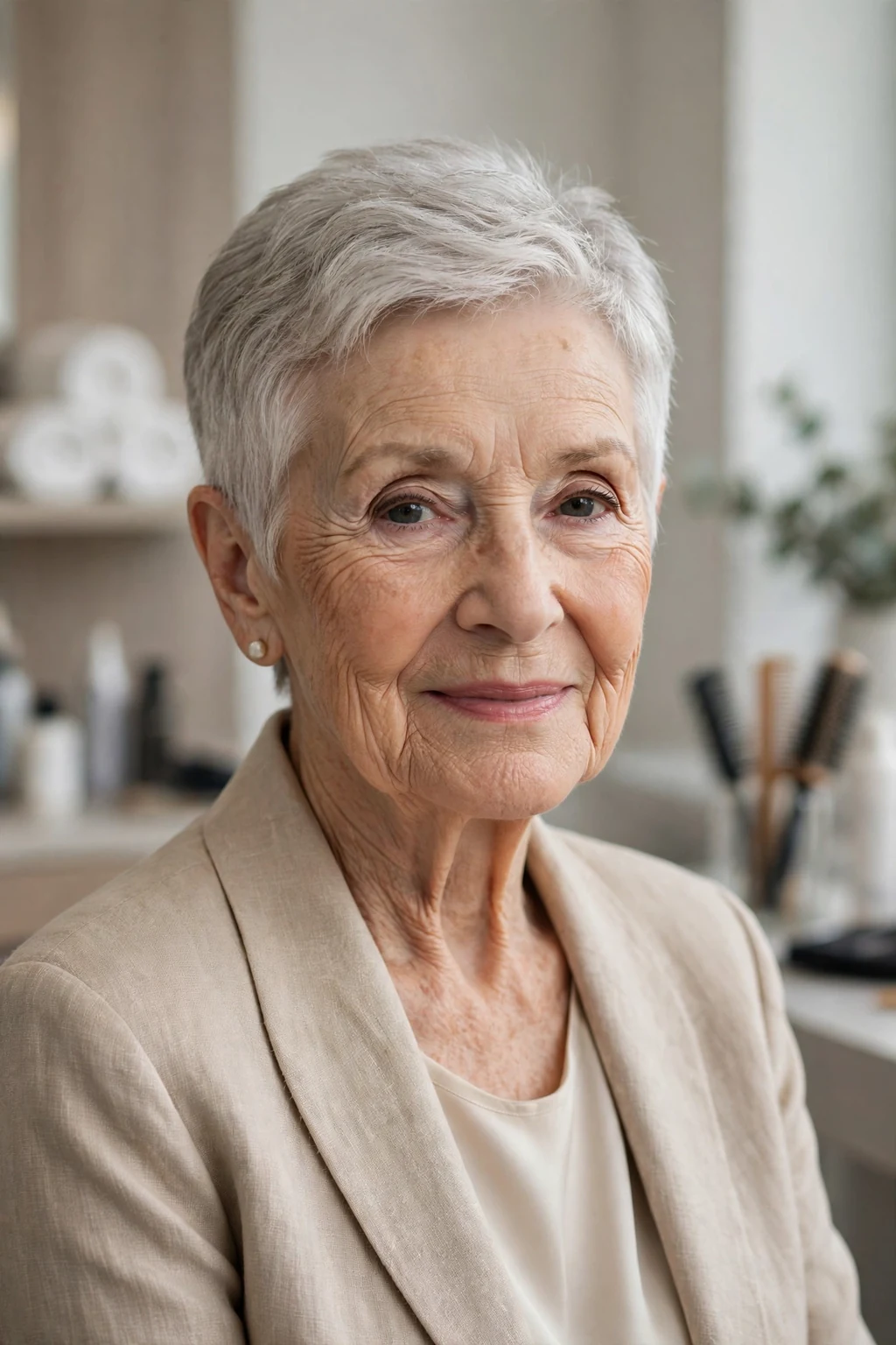 Elegant woman over 80 with elegant cropped cut, refined short shape, sophisticated light.