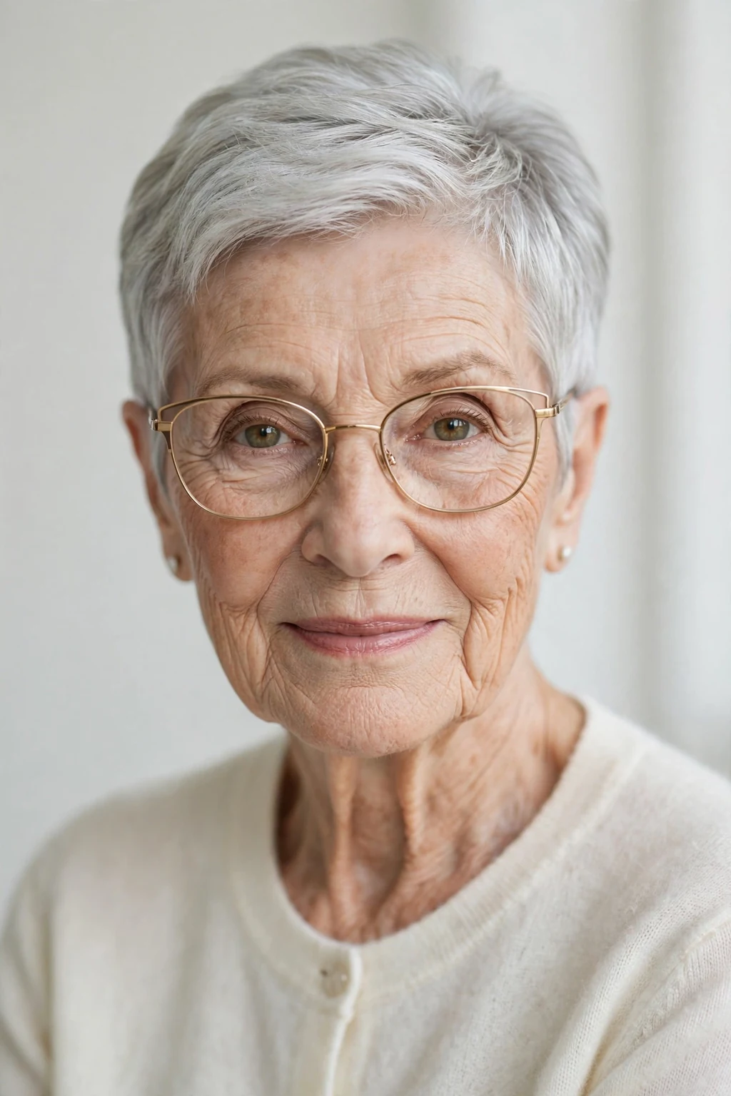 Elegant woman over 80 with glasses and elegant cropped cut, refined short shape, sophisticated light.