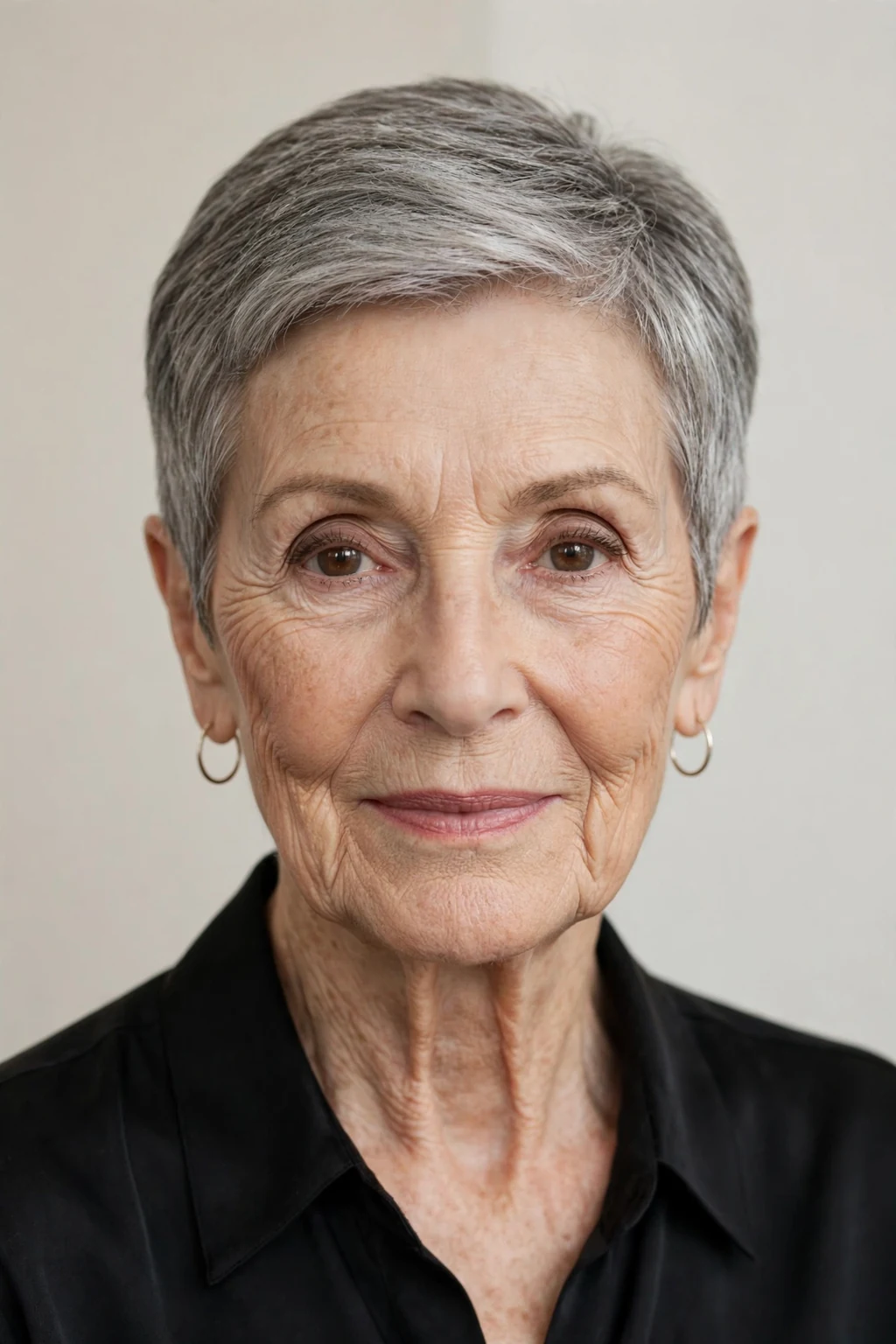 Elegant woman over 80 with elegant cropped cut, refined short shape, sophisticated light.