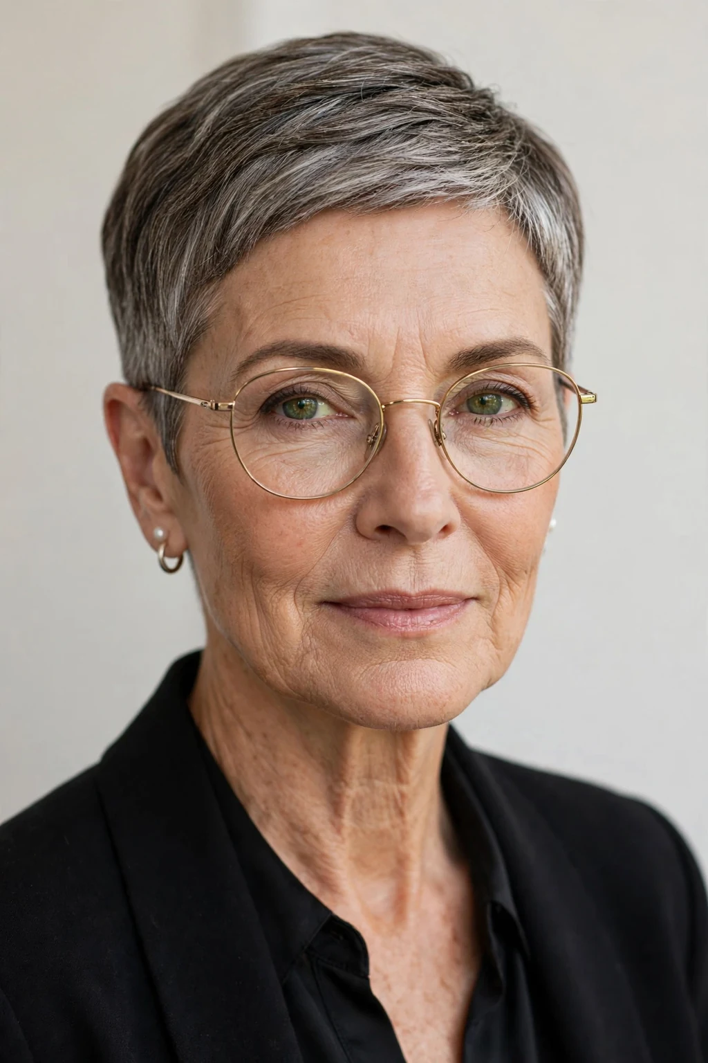 Elegant woman over 50 with glasses and elegant cropped cut, refined short shape, sophisticated light.