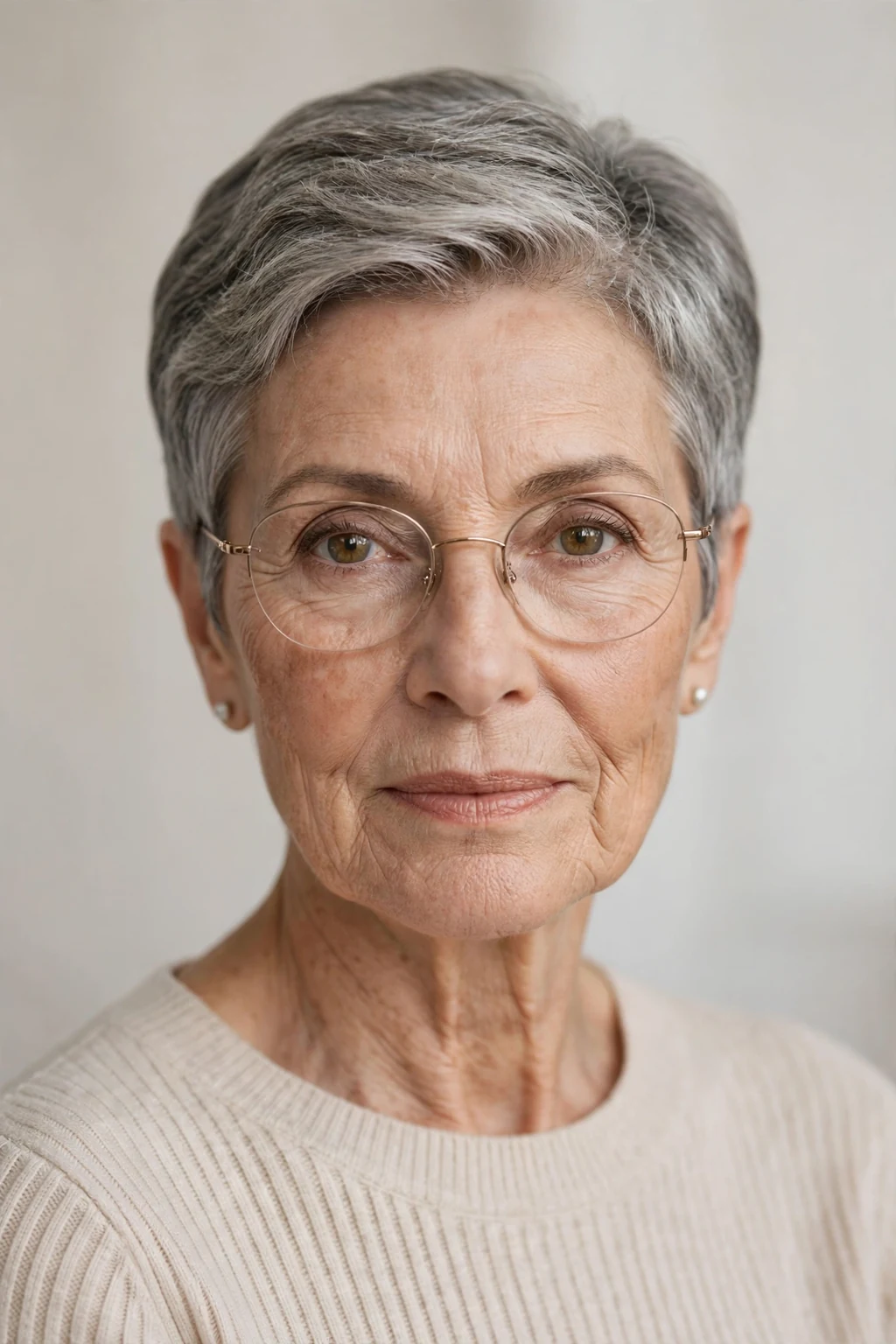 Elegant woman over 60 with glasses and elegant cropped cut, refined short shape, sophisticated light.