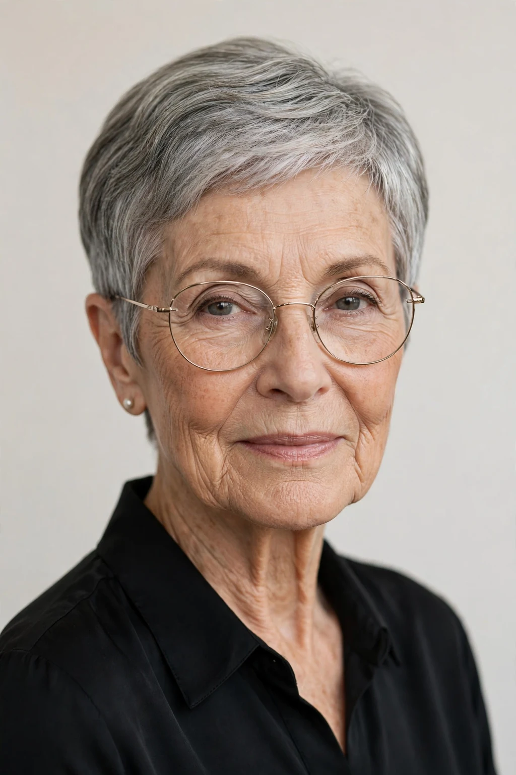 Elegant woman over 70 with glasses and elegant cropped cut, refined short shape, sophisticated light.