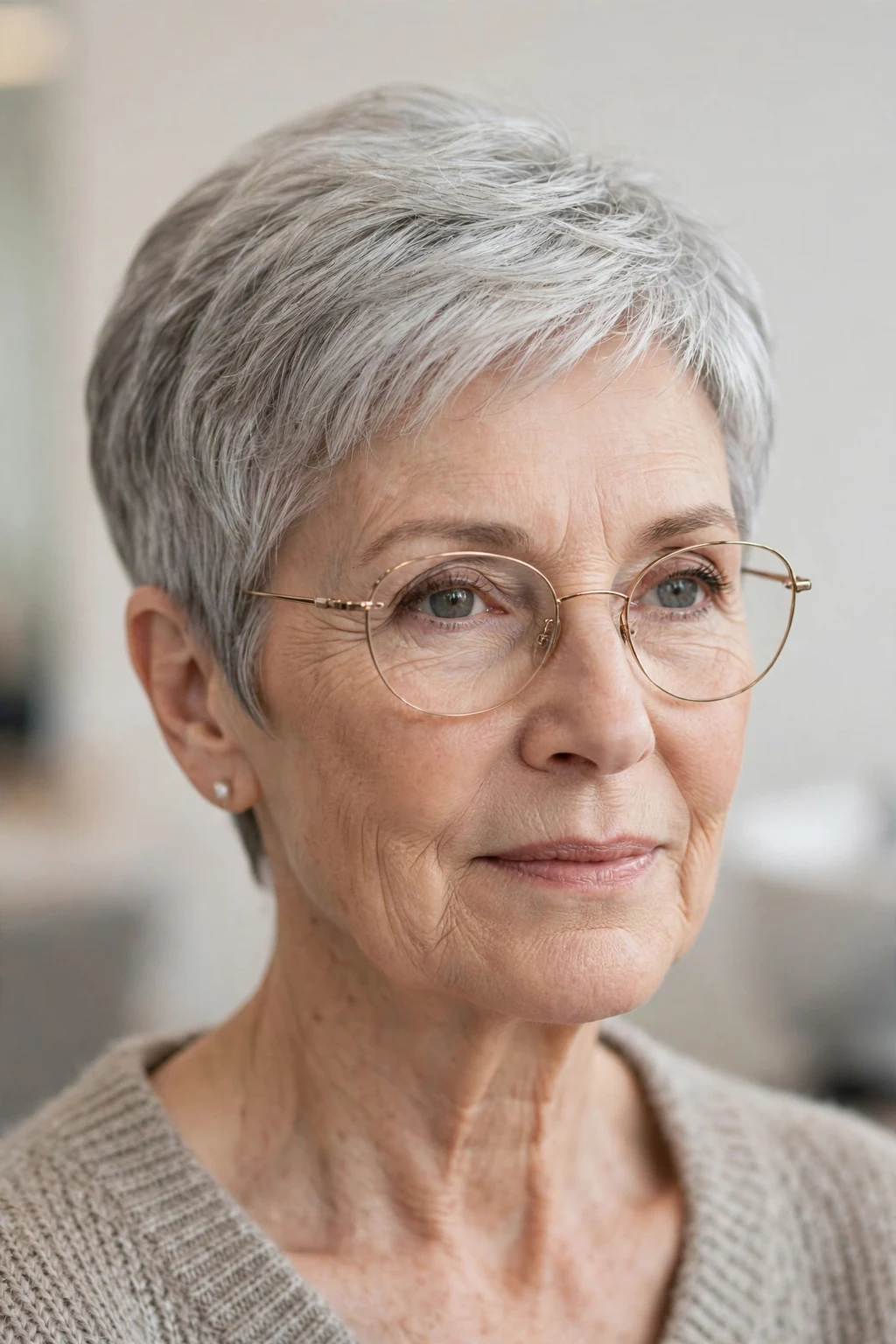 Elegant woman over 60 with fine hair and glasses and elegant cropped cut, refined short shape, sophisticated light.
