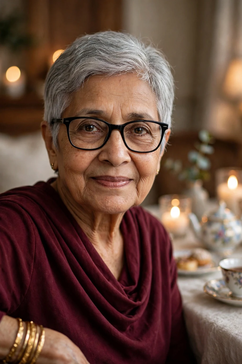 Elegant older woman over 70 with fine hair and glasses and elegant cropped cut, refined short shape, sophisticated light.