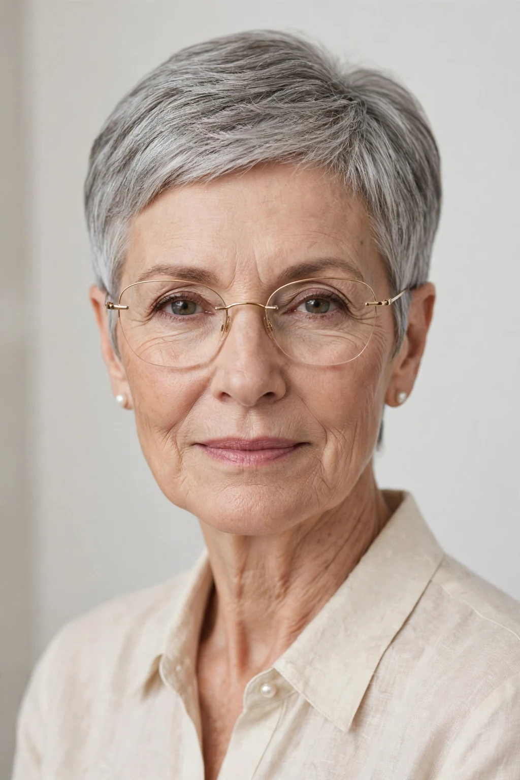 Elegant older woman with glasses and elegant cropped cut, refined short shape, sophisticated light.