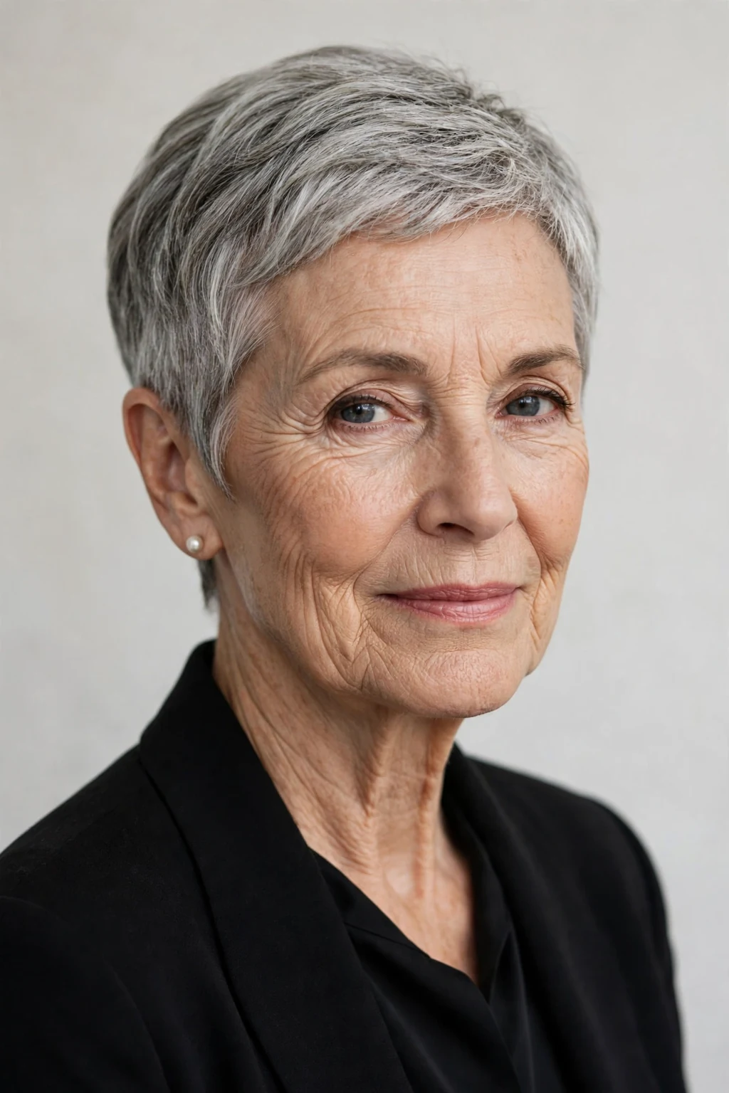 Elegant older woman over 60 with elegant cropped cut, refined short shape, sophisticated light.