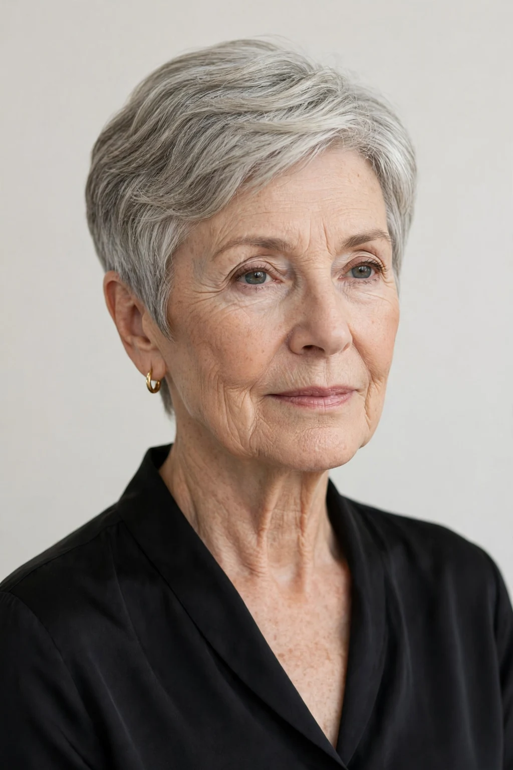 Elegant older woman with elegant cropped cut, refined short shape, sophisticated light.